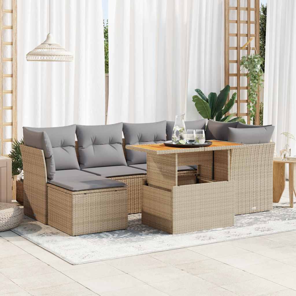 Set Divani da Giardino 7 pz con Cuscini Beige in Polyrattan