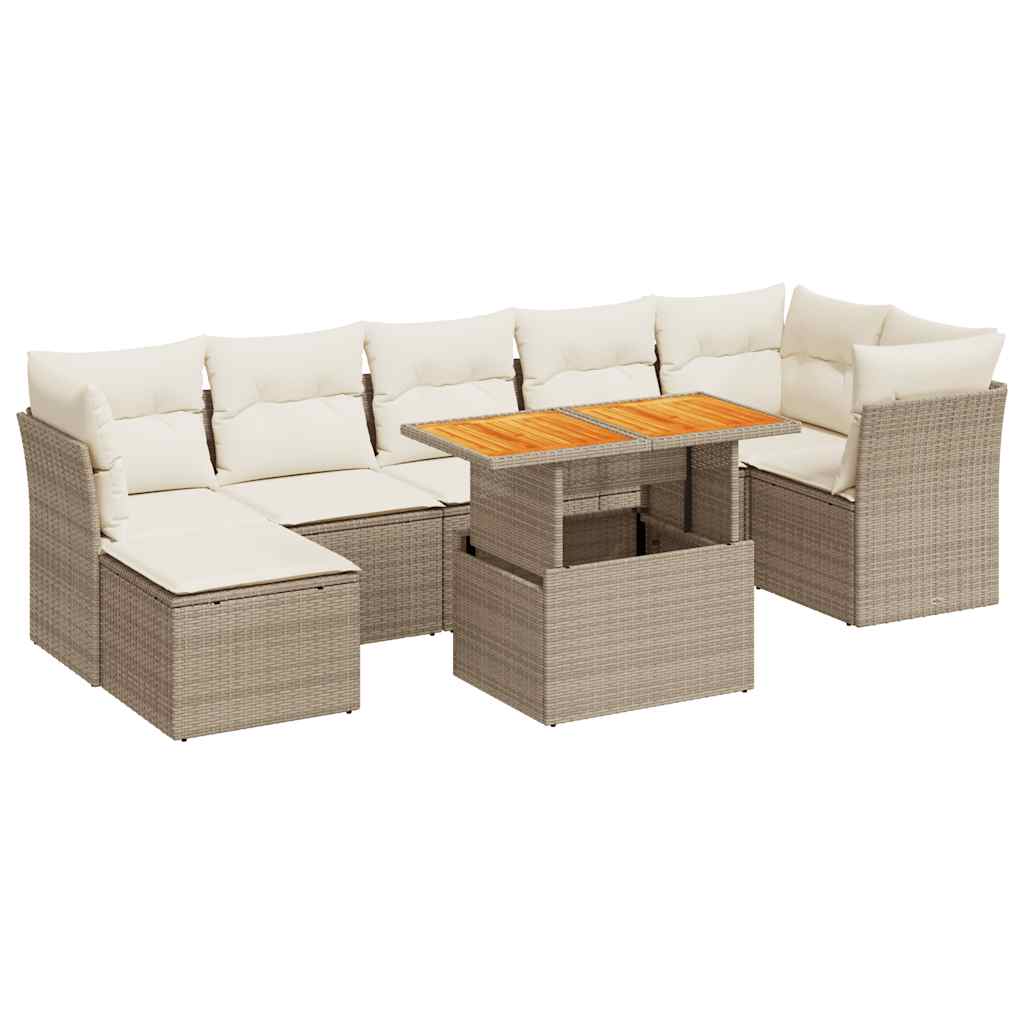 Set Divano da Giardino 8 pz con Cuscini Beige in Polyrattan