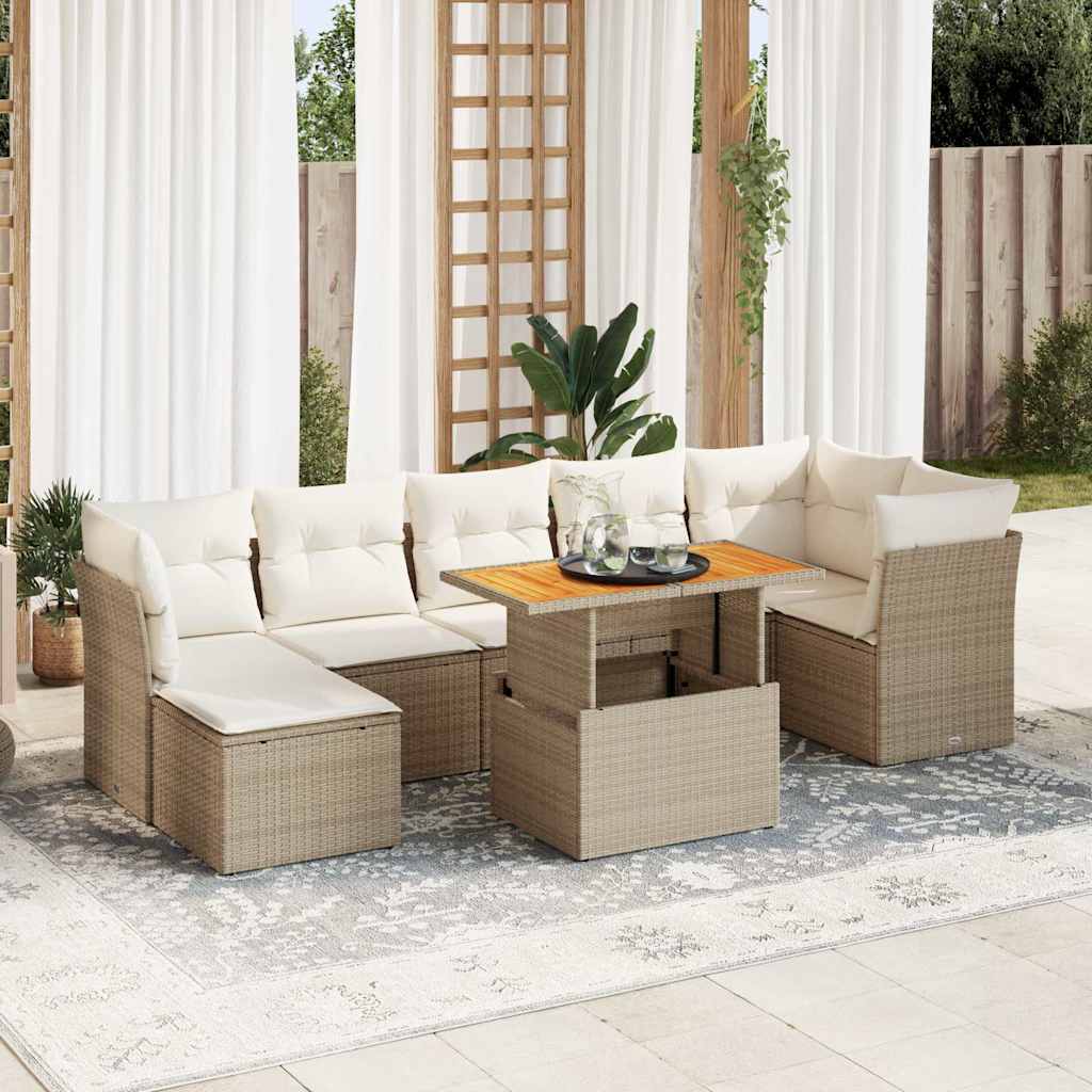 Set Divano da Giardino 8 pz con Cuscini Beige in Polyrattan