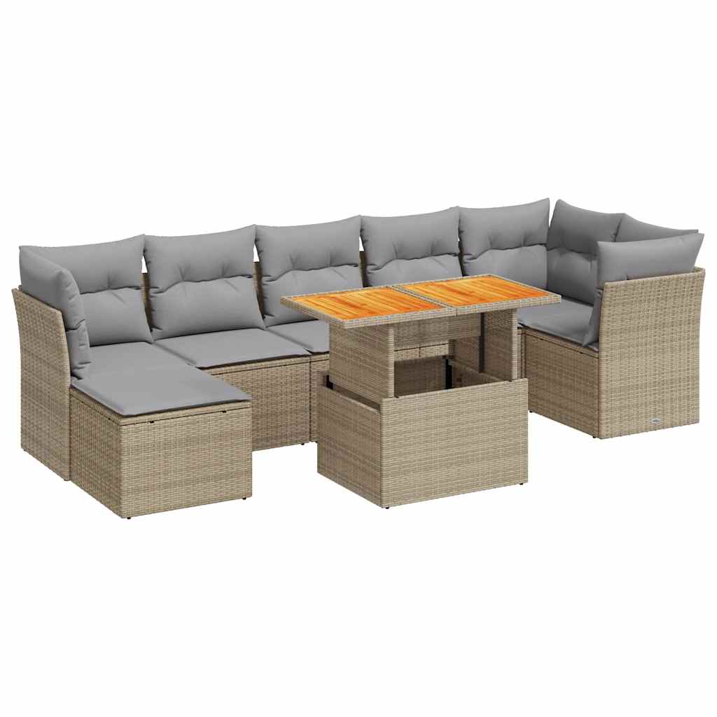 Set Divano da Giardino 8 pz con Cuscini Beige in Polyrattan