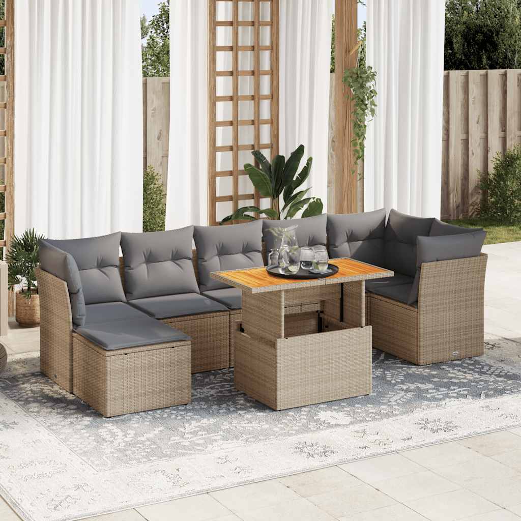 Set Divano da Giardino 8 pz con Cuscini Beige in Polyrattan