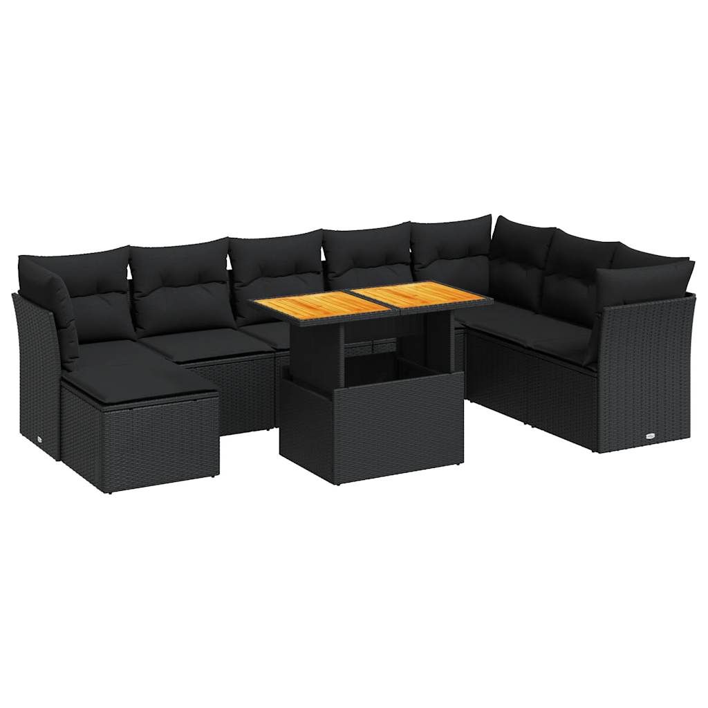 Set Divani da Giardino 9 pz con Cuscini Nero in Polyrattan