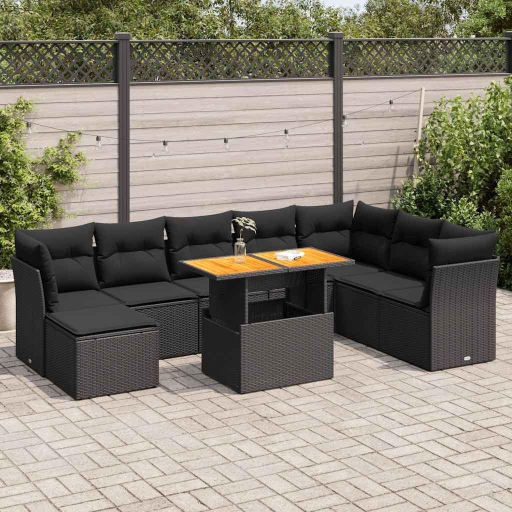 Set Divani da Giardino 9 pz con Cuscini Nero in Polyrattan