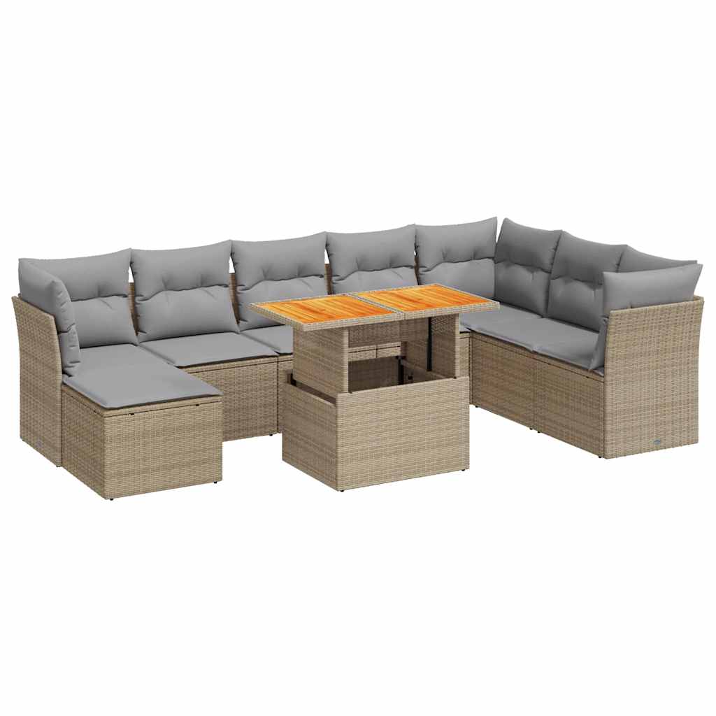 Set Divano da Giardino 9 pz con Cuscini Beige in Polyrattan