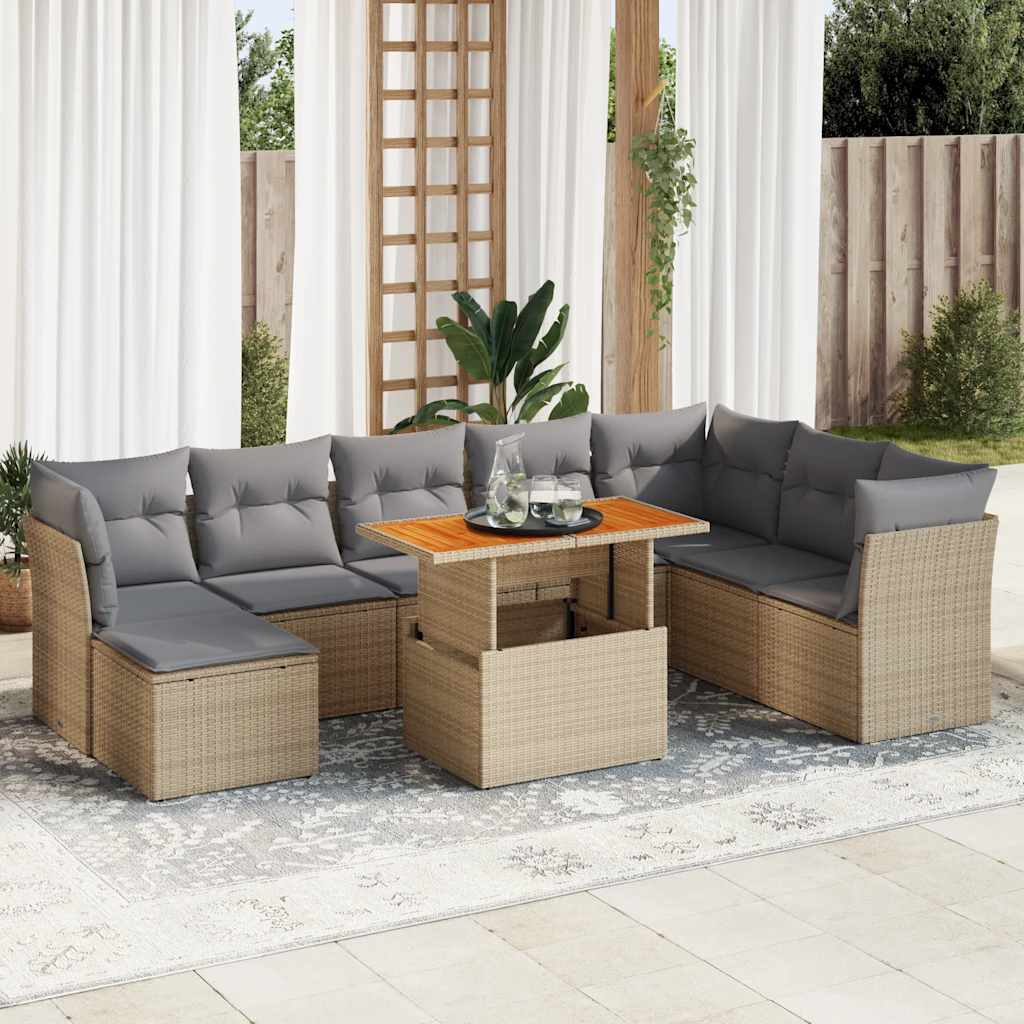 Set Divano da Giardino 9 pz con Cuscini Beige in Polyrattan