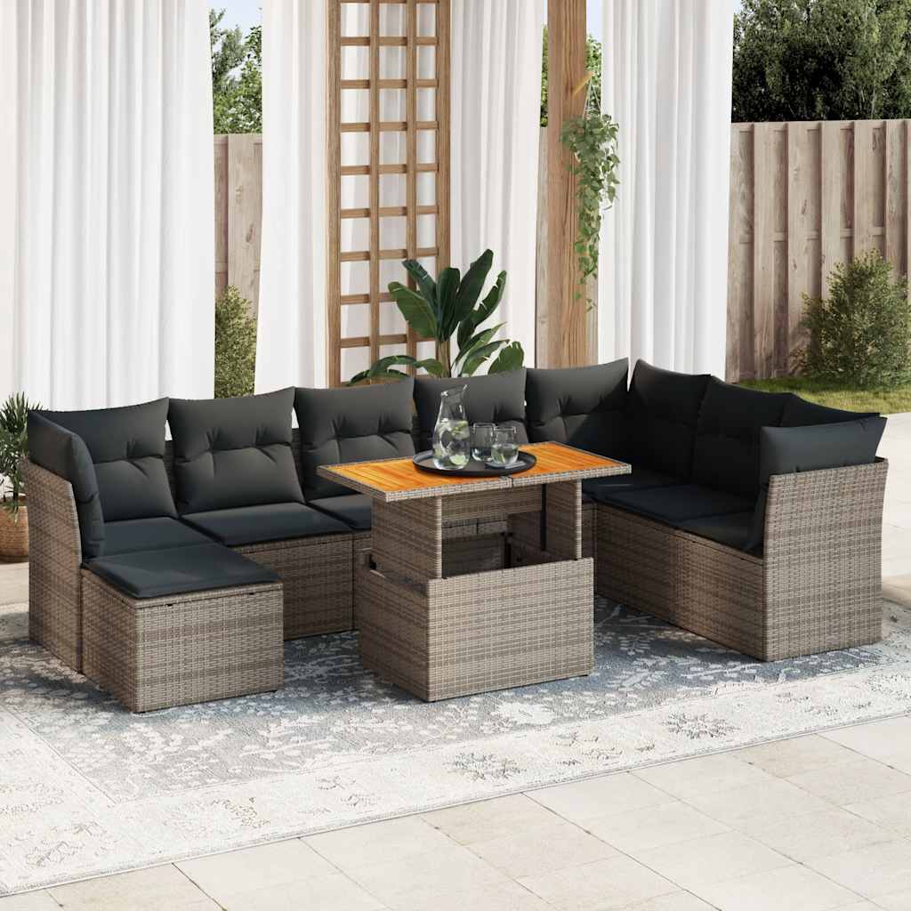 Set Divano da Giardino 9 pz con Cuscini Grigio in Polyrattan