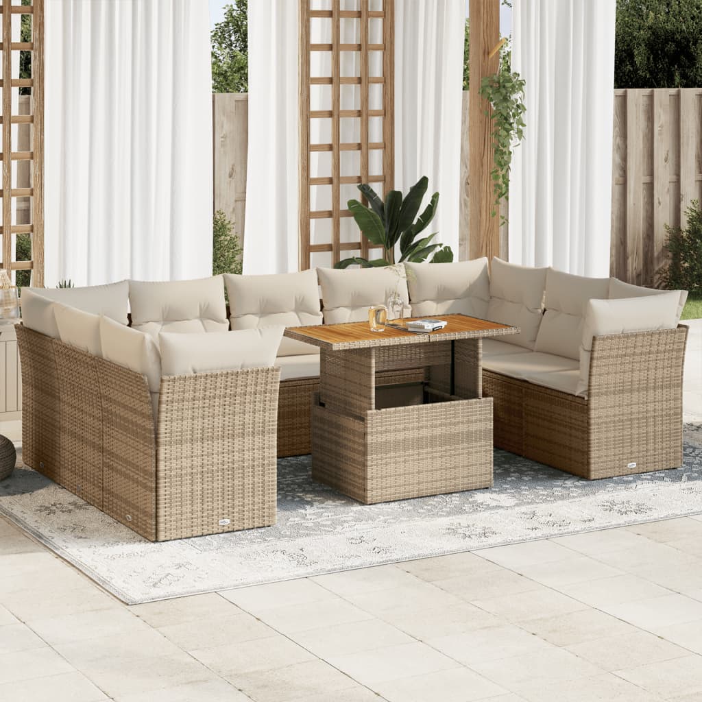 Set Divano da Giardino 10 pz con Cuscini Beige in Polyrattan