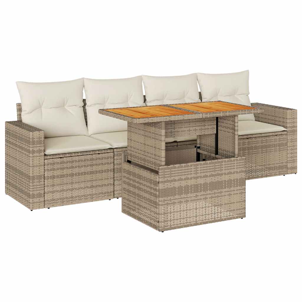 Set Divano da Giardino 5 pz con Cuscini Beige in Polyrattan