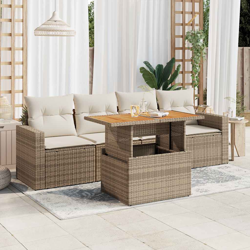 Set Divano da Giardino 5 pz con Cuscini Beige in Polyrattan