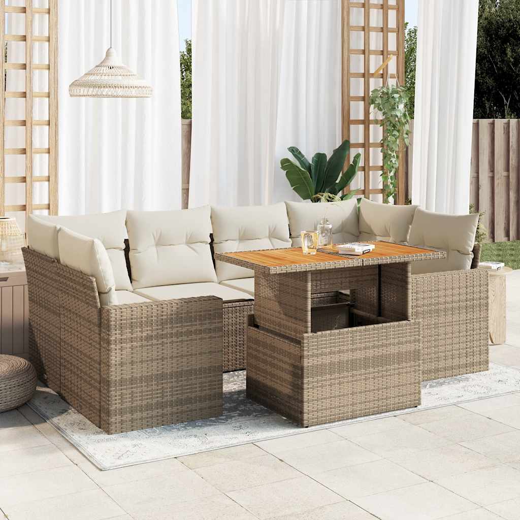 Set Divani da Giardino 7 pz con Cuscini Beige in Polyrattan