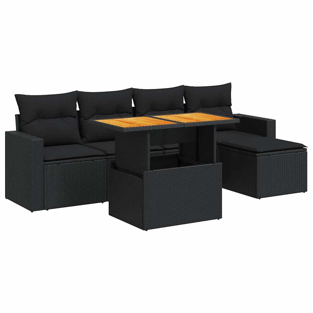 Set Divano da Giardino 6 pz con Cuscini Nero in Polyrattan