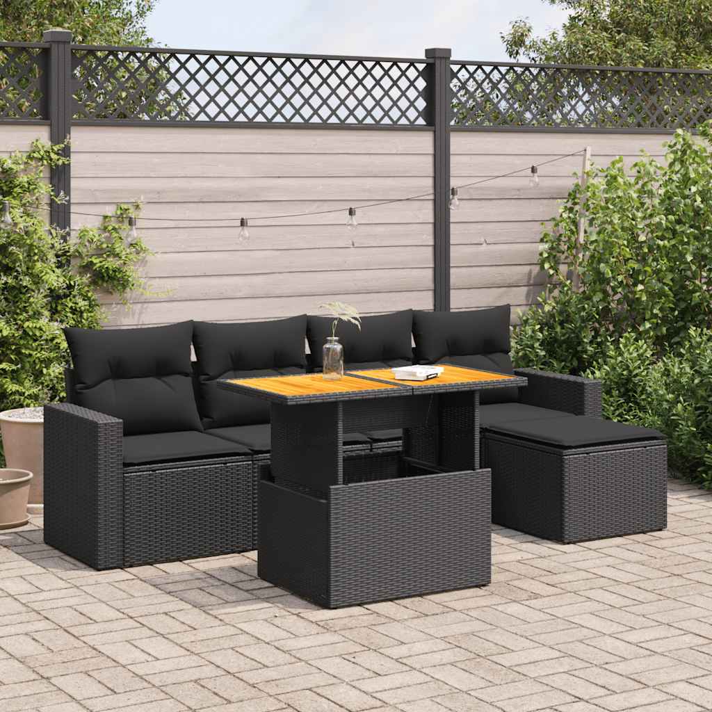 Set Divano da Giardino 6 pz con Cuscini Nero in Polyrattan