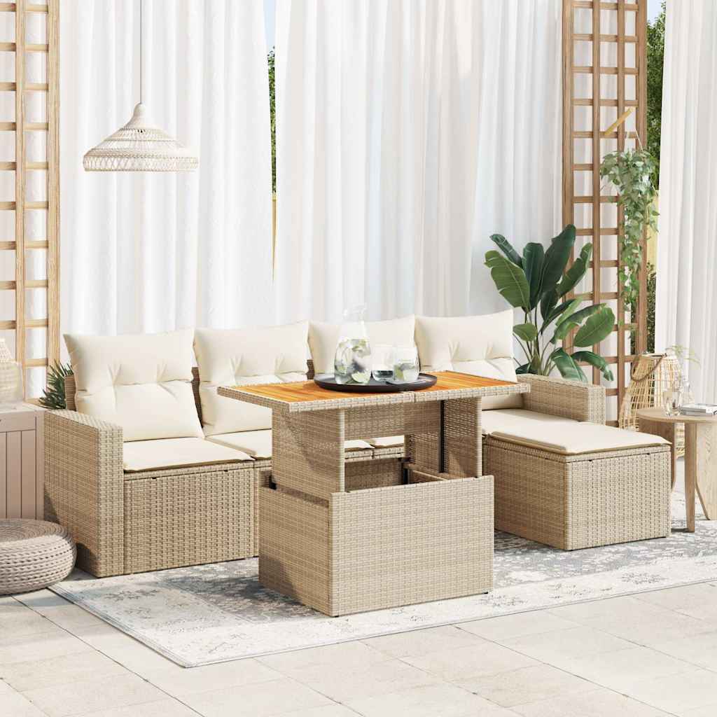 Set Divano da Giardino 6 pz con Cuscini Beige in Polyrattan