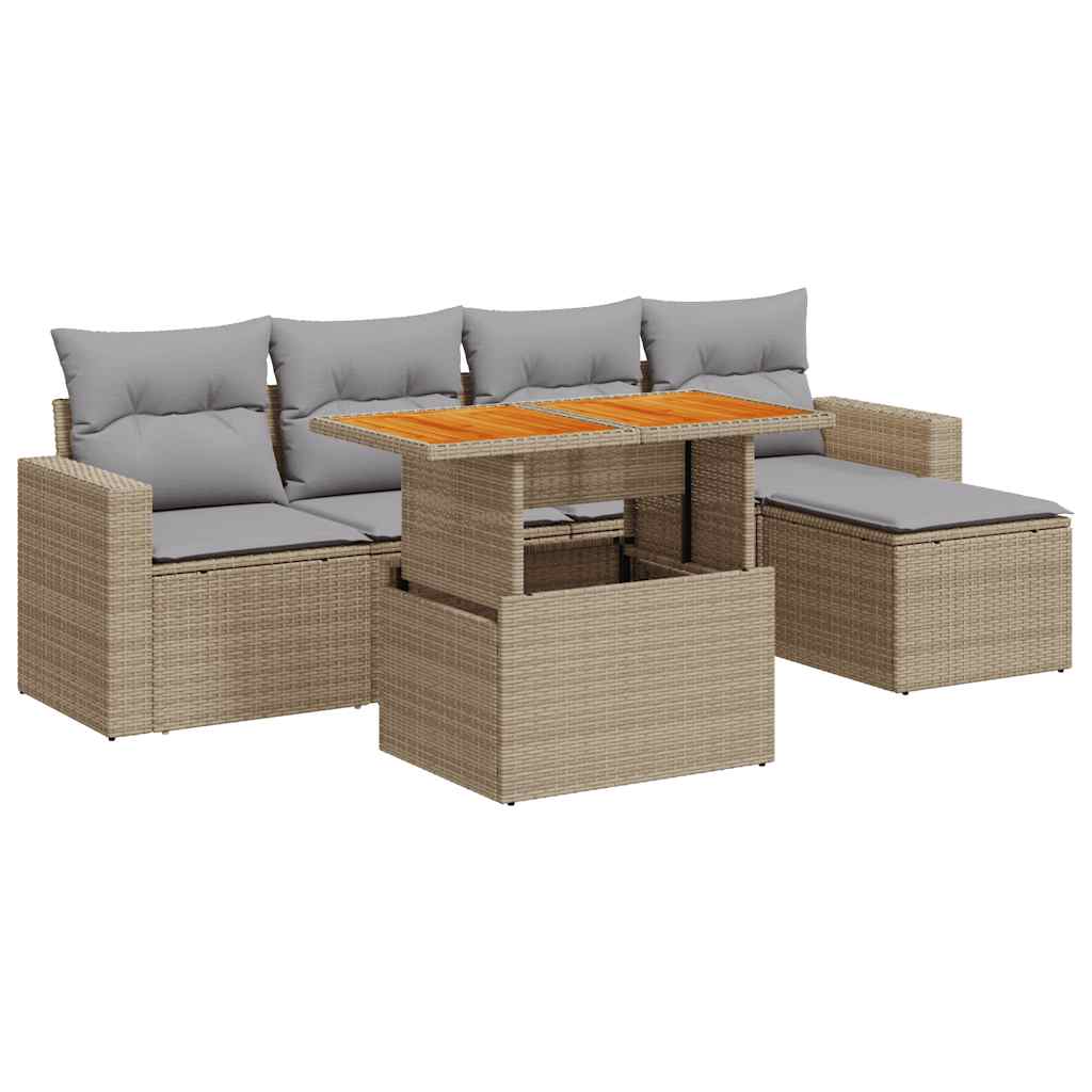 Set Divano da Giardino 6 pz con Cuscini Beige in Polyrattan