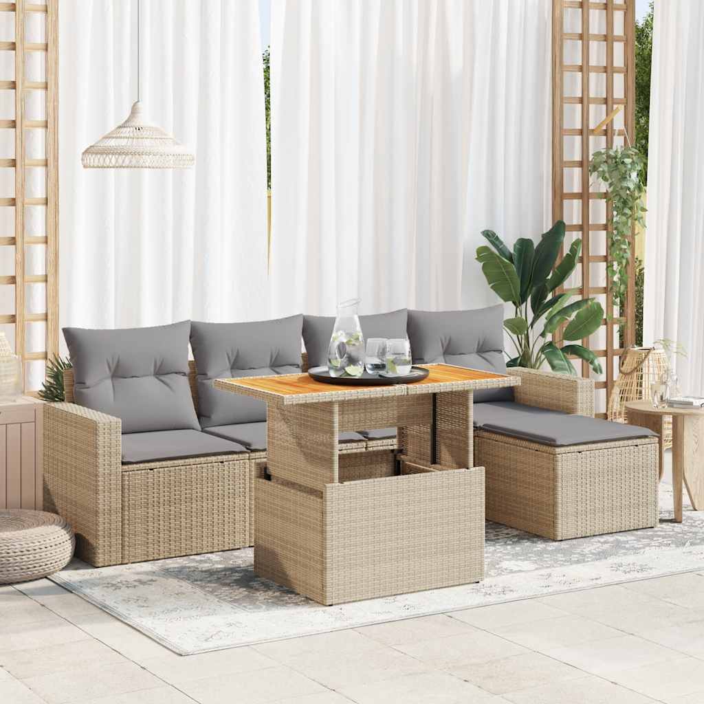 Set Divano da Giardino 6 pz con Cuscini Beige in Polyrattan