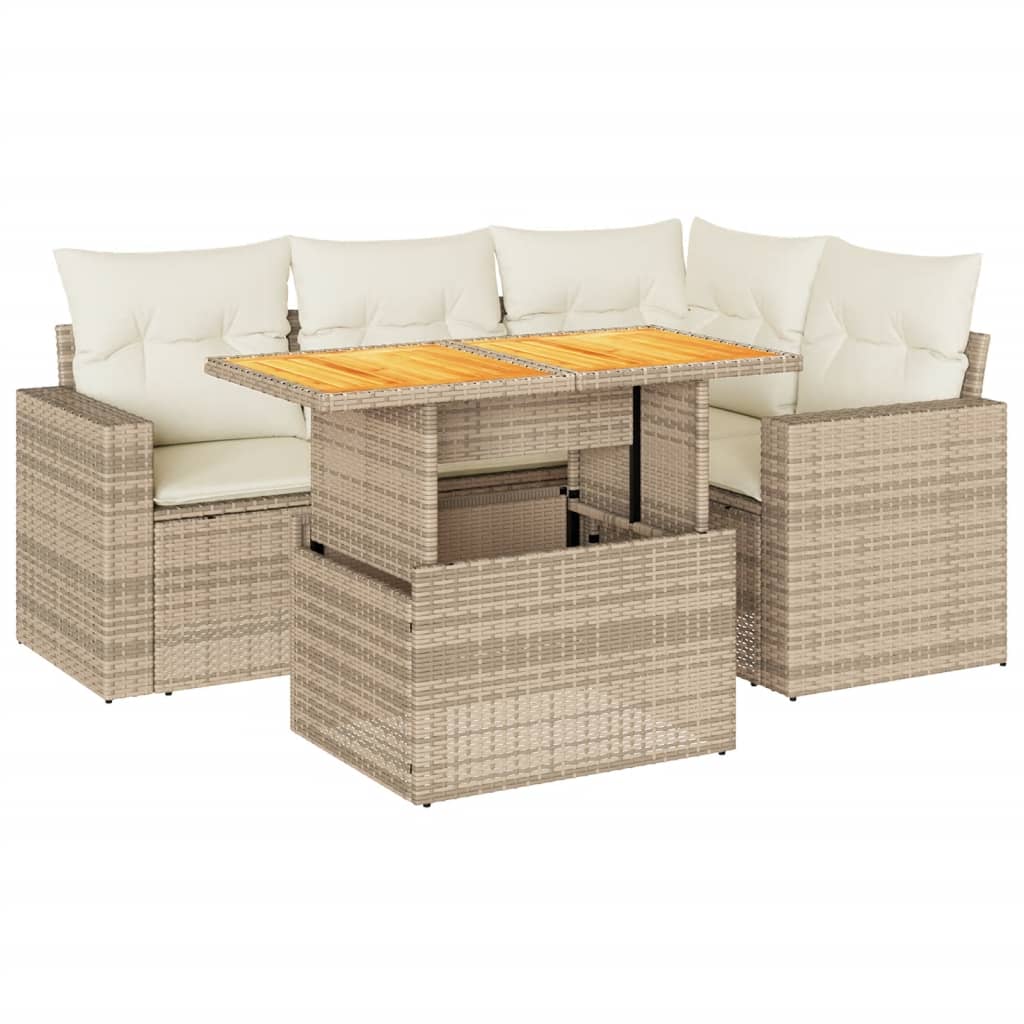 Set Divano da Giardino 5 pz con Cuscini Beige in Polyrattan