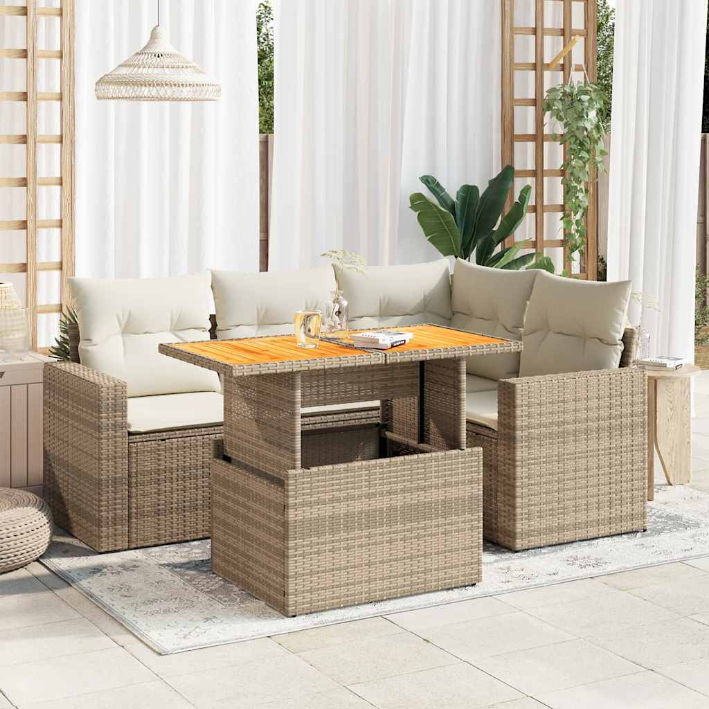 Set Divano da Giardino 5 pz con Cuscini Beige in Polyrattan