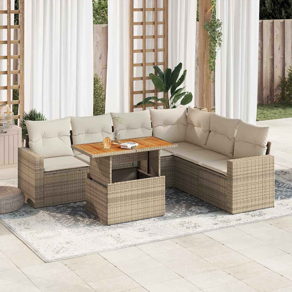 Set Divani da Giardino 7 pz con Cuscini Beige in Polyrattan