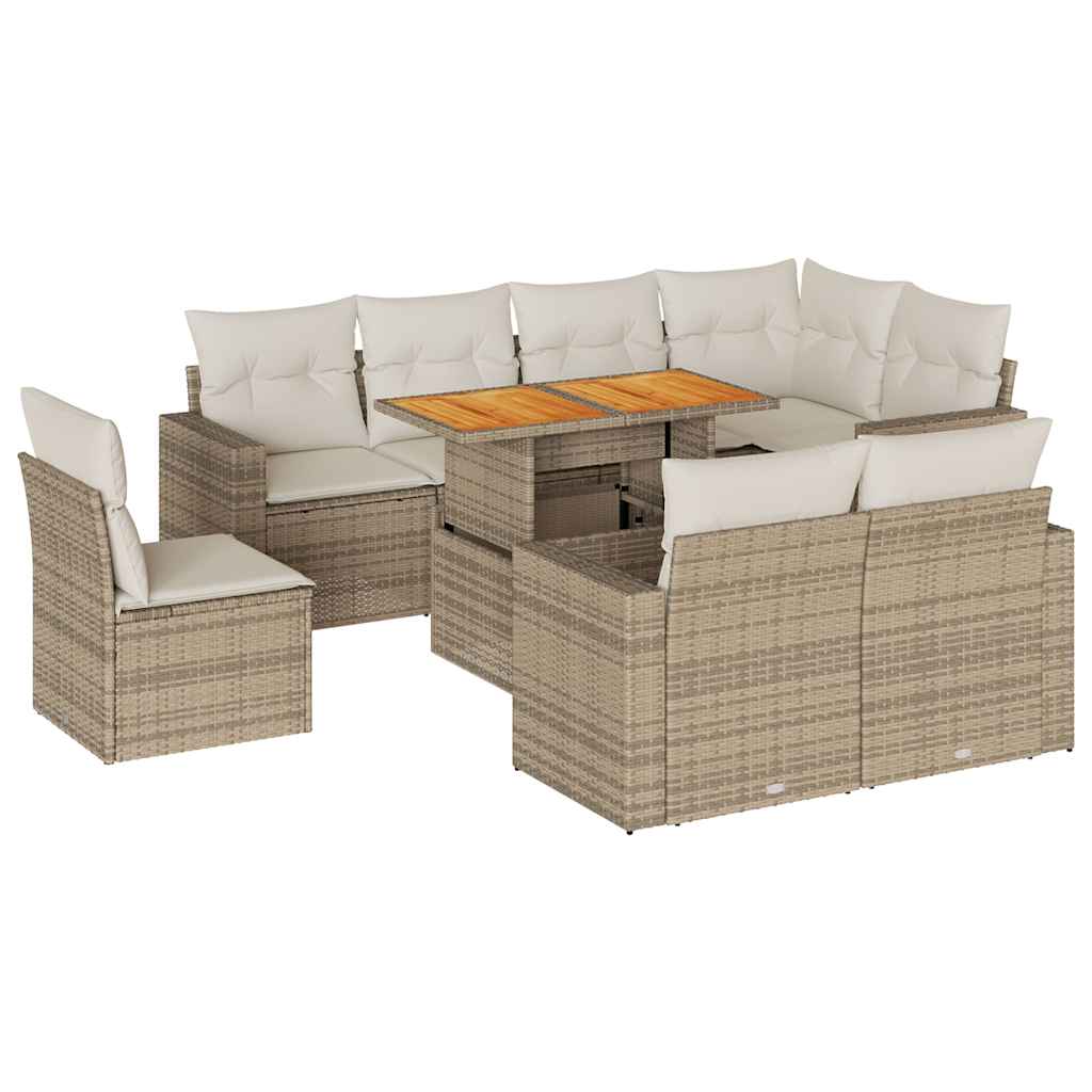 Set Divano da Giardino 9 pz con Cuscini Beige in Polyrattan