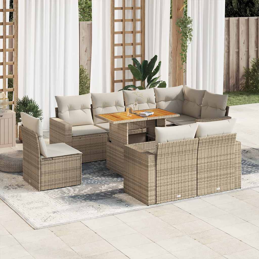 Set Divano da Giardino 9 pz con Cuscini Beige in Polyrattan