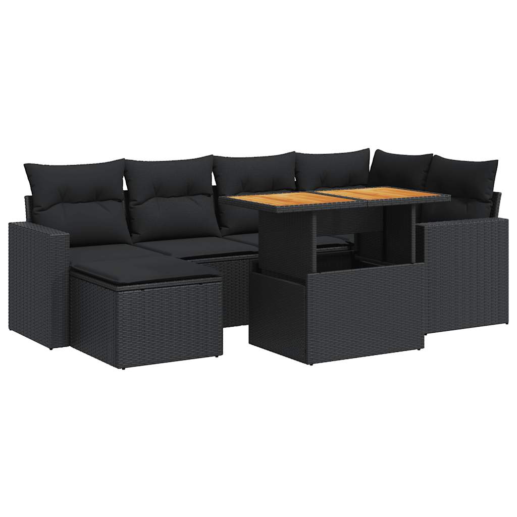 Set Divani da Giardino con Cuscini 7pz Nero Polyrattan