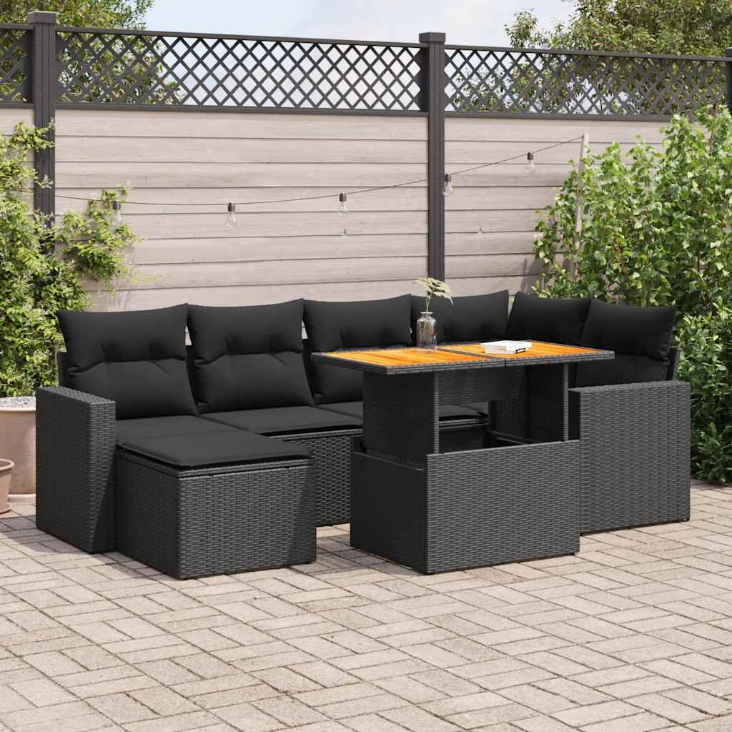 Set Divani da Giardino con Cuscini 7pz Nero Polyrattan