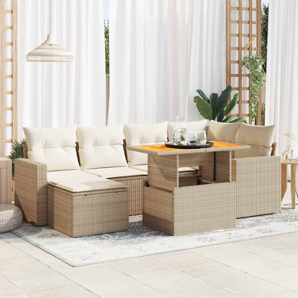 Set Divani da Giardino 7 pz con Cuscini Beige in Polyrattan