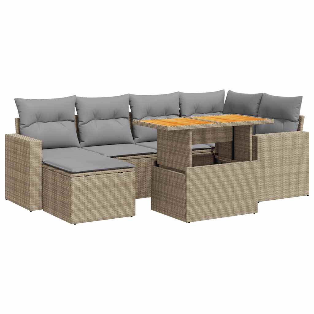 Set Divani da Giardino 7 pz con Cuscini Beige in Polyrattan