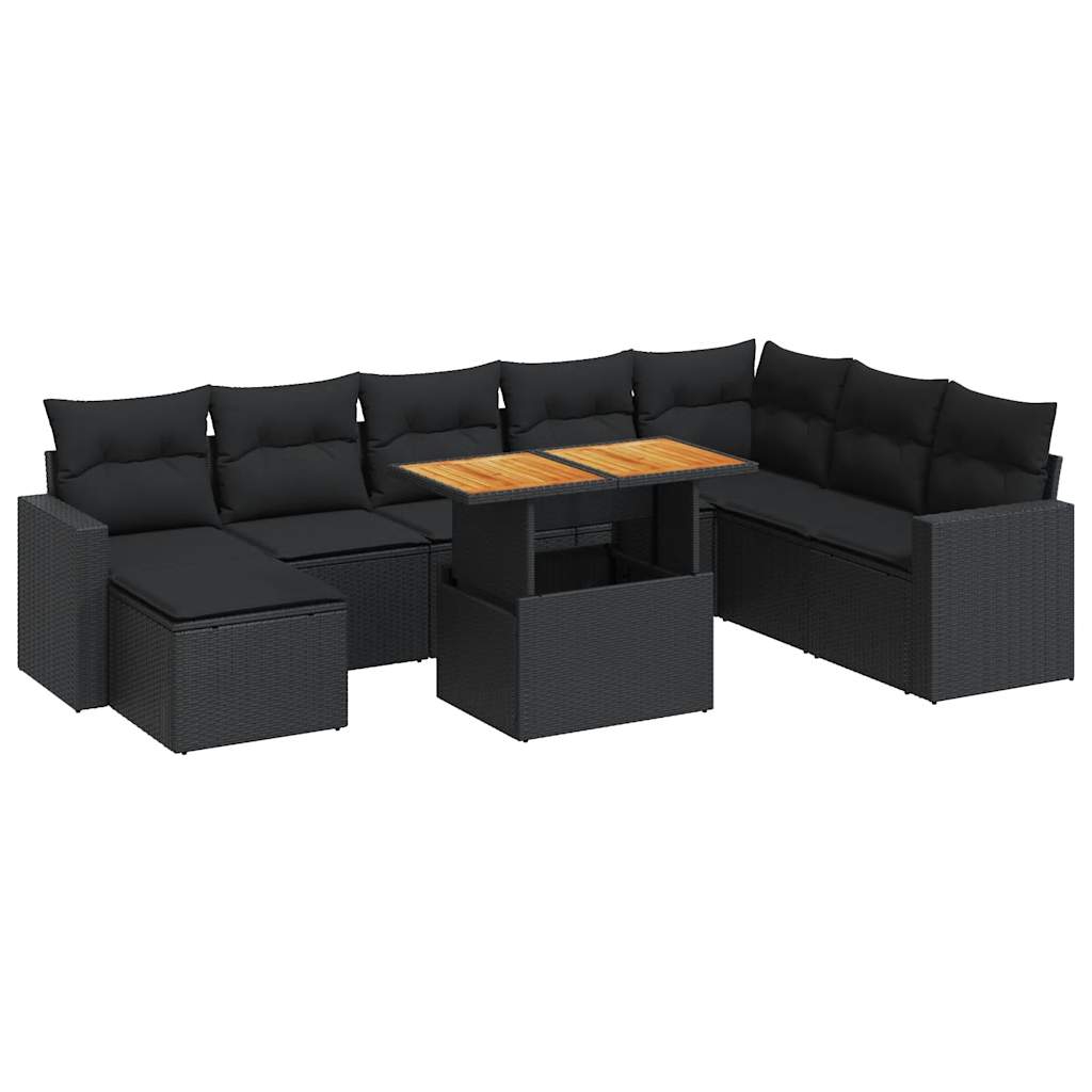 Set Divani da Giardino 9 pz con Cuscini Nero in Polyrattan