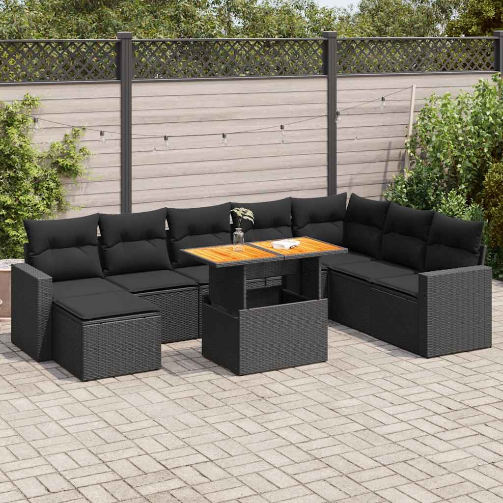 Set Divani da Giardino 9 pz con Cuscini Nero in Polyrattan