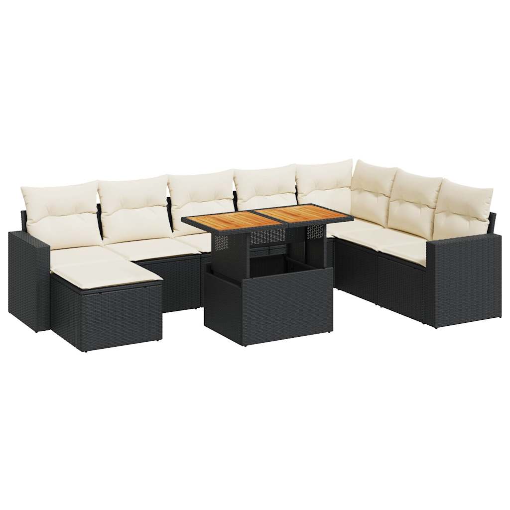 Set Divani da Giardino 9 pz con Cuscini Nero in Polyrattan