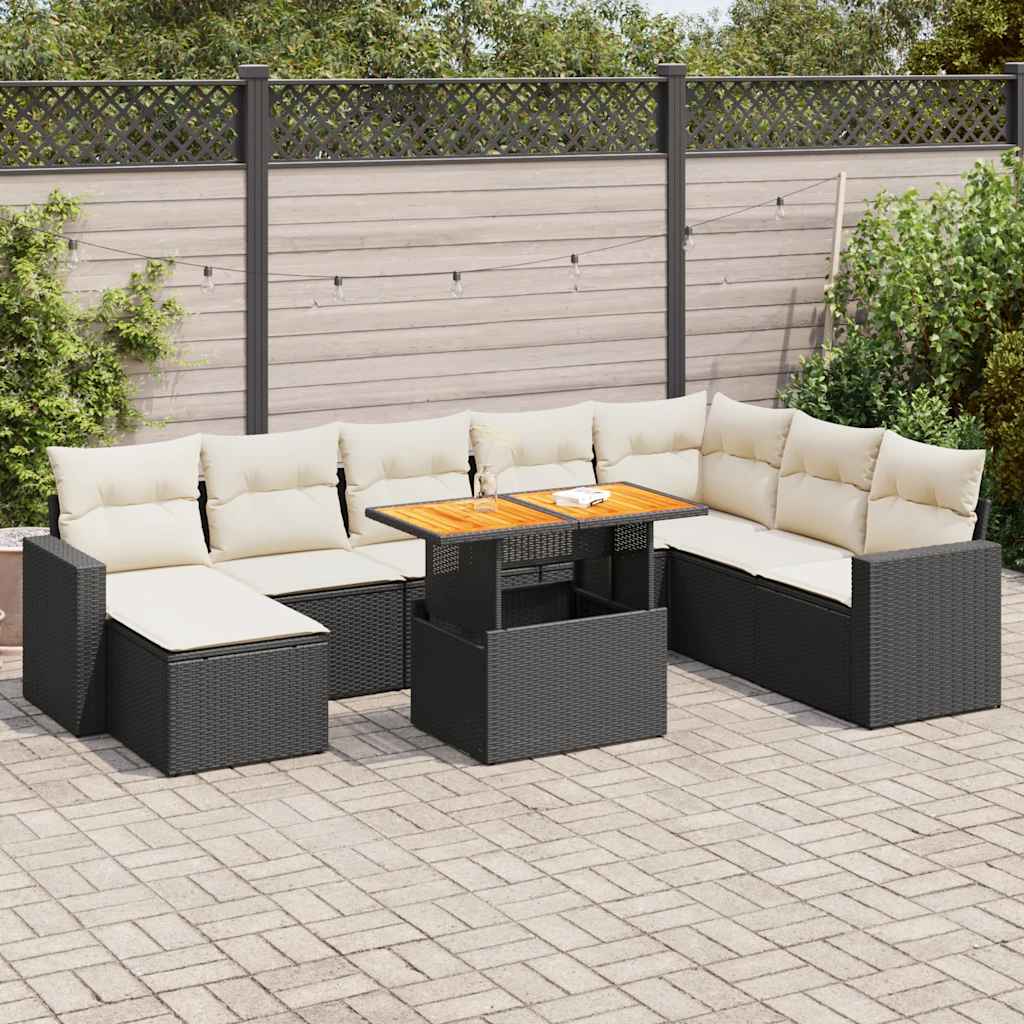 Set Divani da Giardino 9 pz con Cuscini Nero in Polyrattan