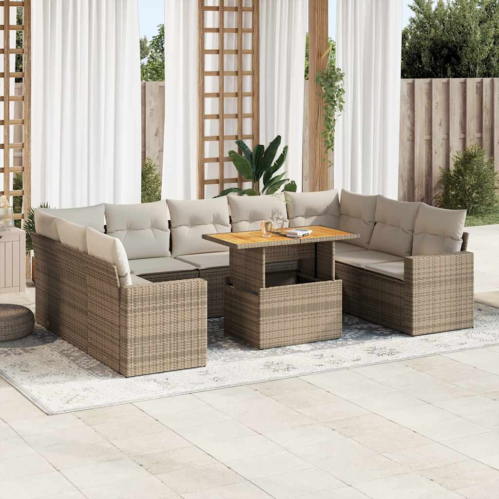 Set Divano da Giardino 10 pz con Cuscini Beige in Polyrattan