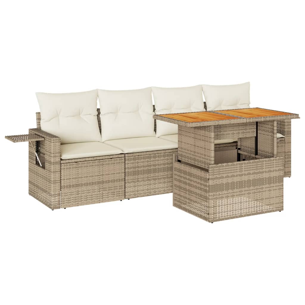 Set Divano da Giardino 5 pz con Cuscini Beige in Polyrattan