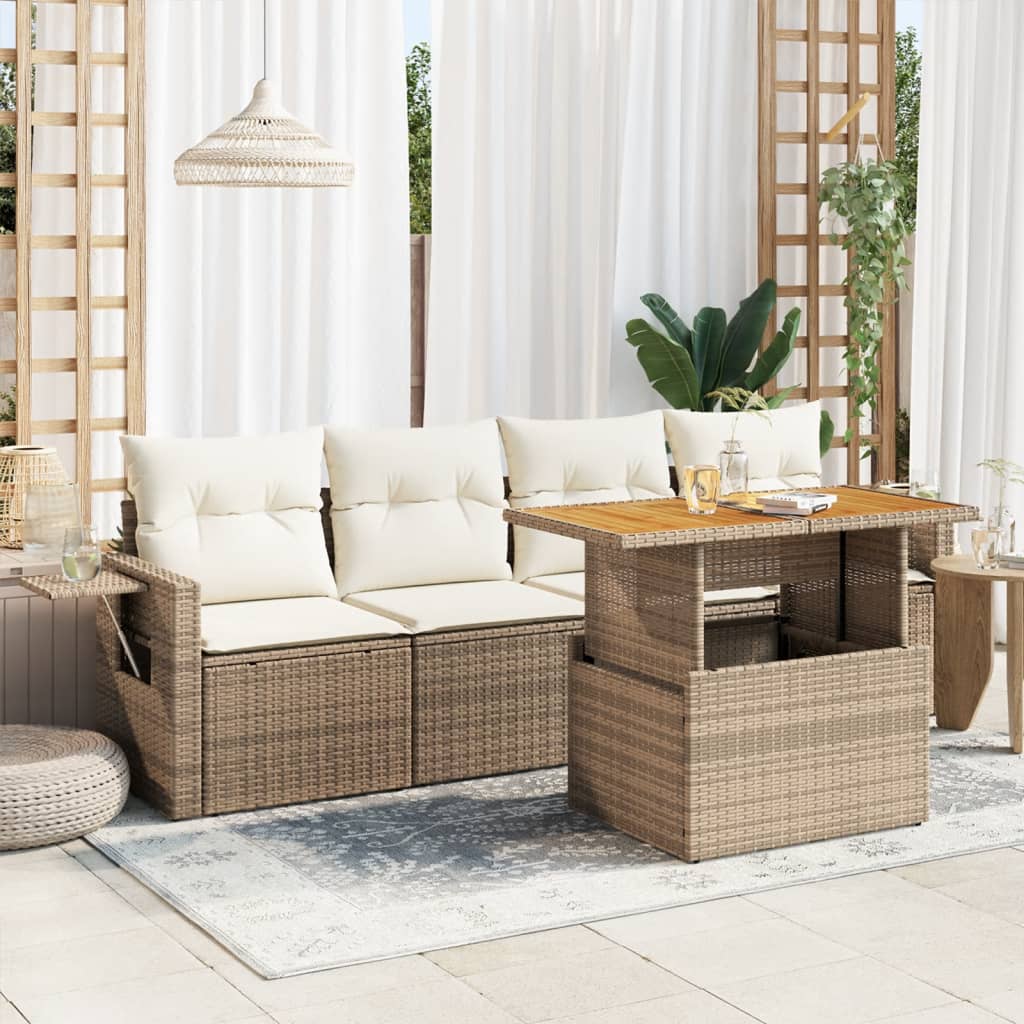 Set Divano da Giardino 5 pz con Cuscini Beige in Polyrattan