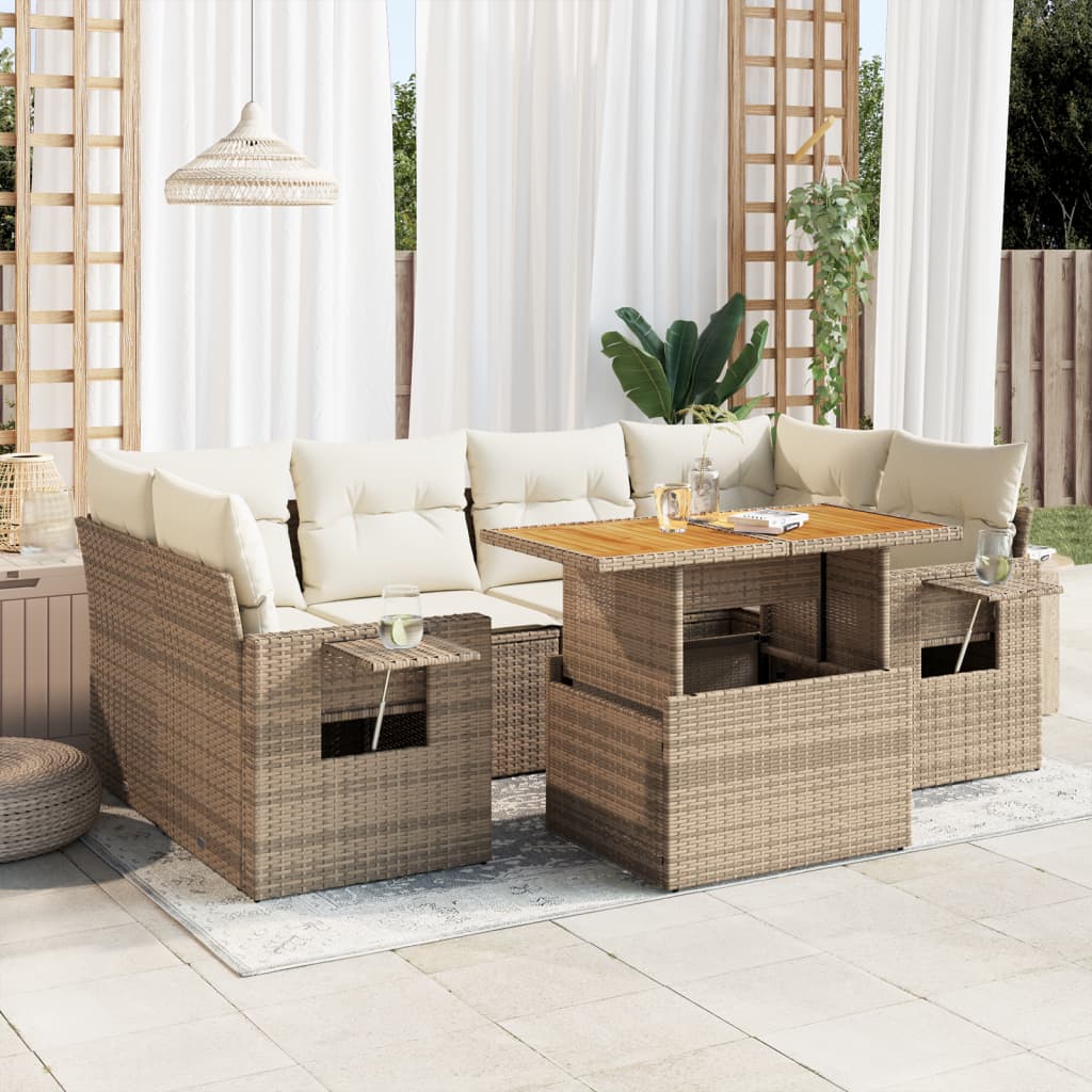 Set Divani da Giardino 7 pz con Cuscini Beige in Polyrattan