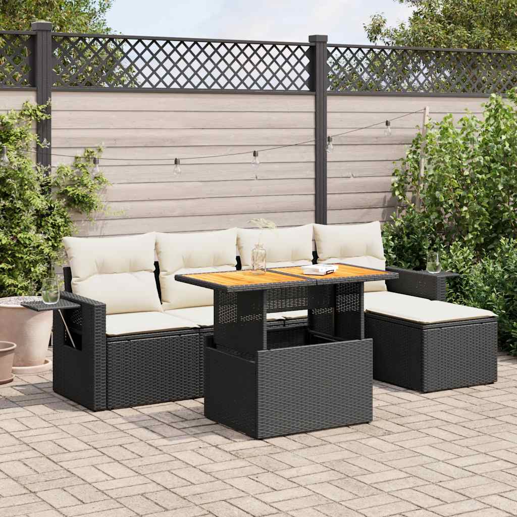 Set Divano da Giardino 6 pz con Cuscini Nero in Polyrattan