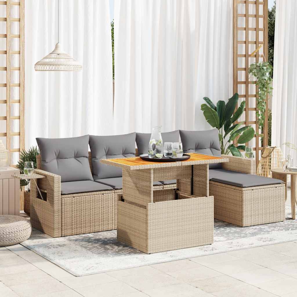 Set Divano da Giardino 6 pz con Cuscini Beige in Polyrattan