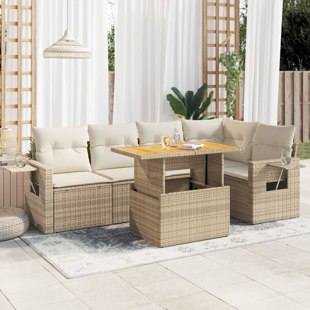 Set Divano da Giardino 6 pz con Cuscini Beige in Polyrattan