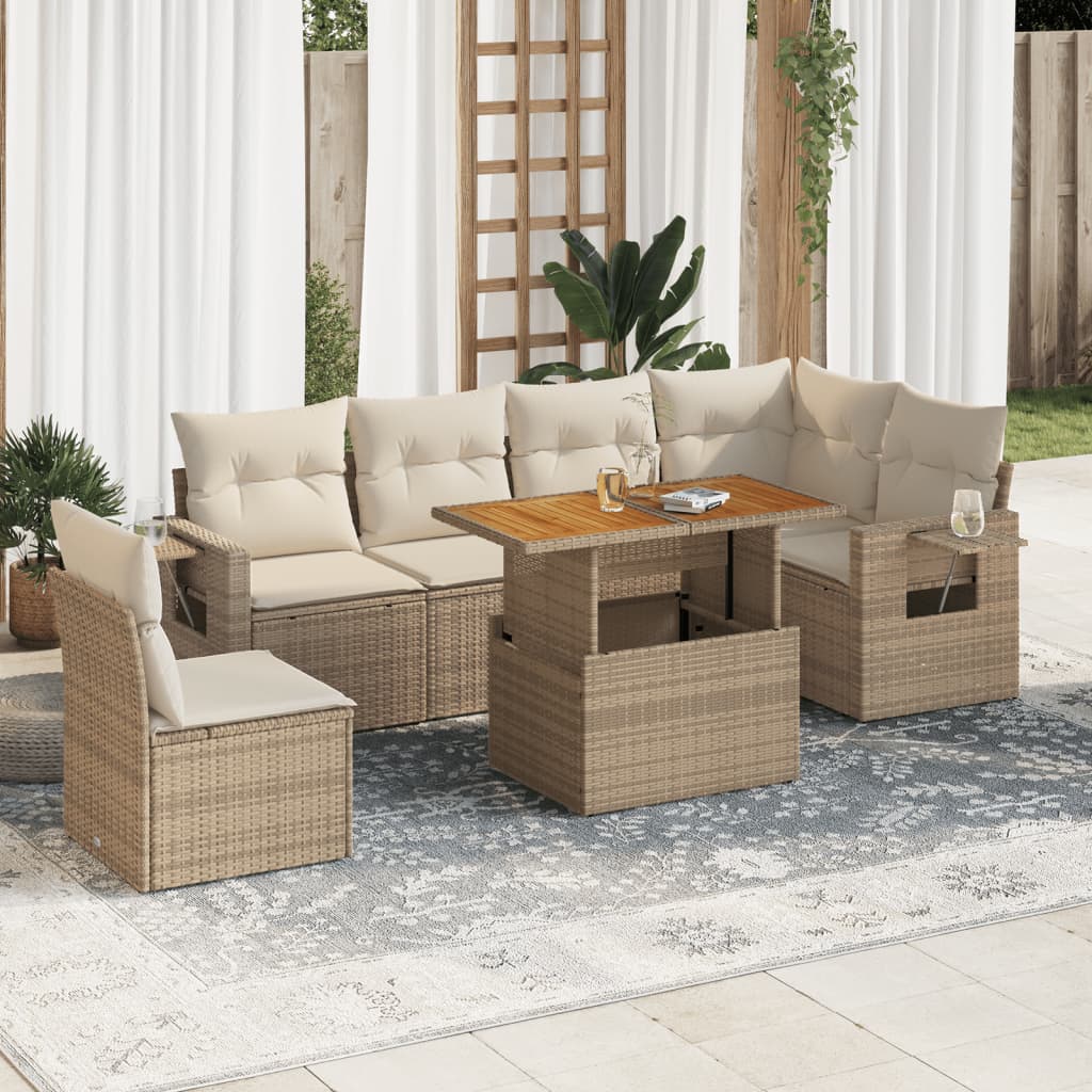 Set Divani da Giardino 7 pz con Cuscini Beige in Polyrattan