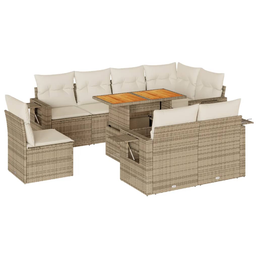 Set Divano da Giardino 9 pz con Cuscini Beige in Polyrattan