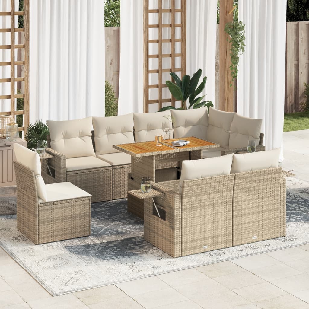 Set Divano da Giardino 9 pz con Cuscini Beige in Polyrattan