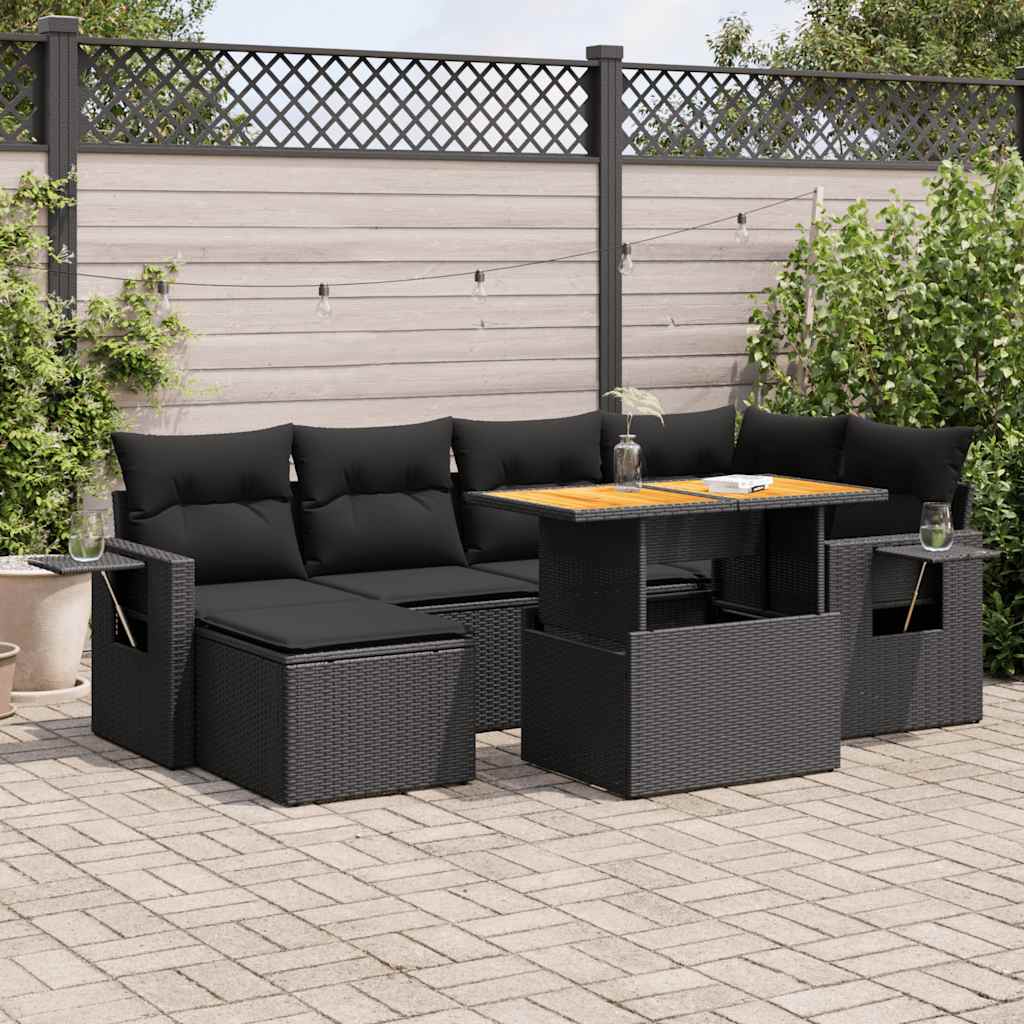 Set Divani da Giardino con Cuscini 7pz Nero Polyrattan