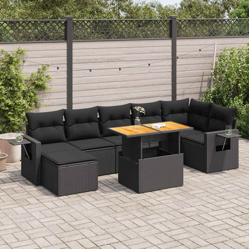 Set Divani da Giardino con Cuscini 8 pz Nero in Polyrattan