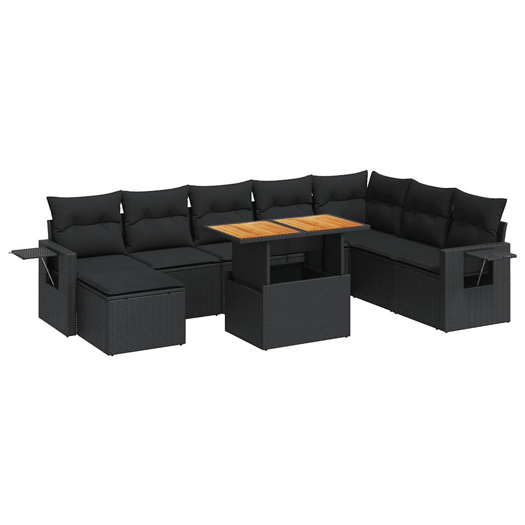 Set Divani da Giardino 9 pz con Cuscini Nero in Polyrattan