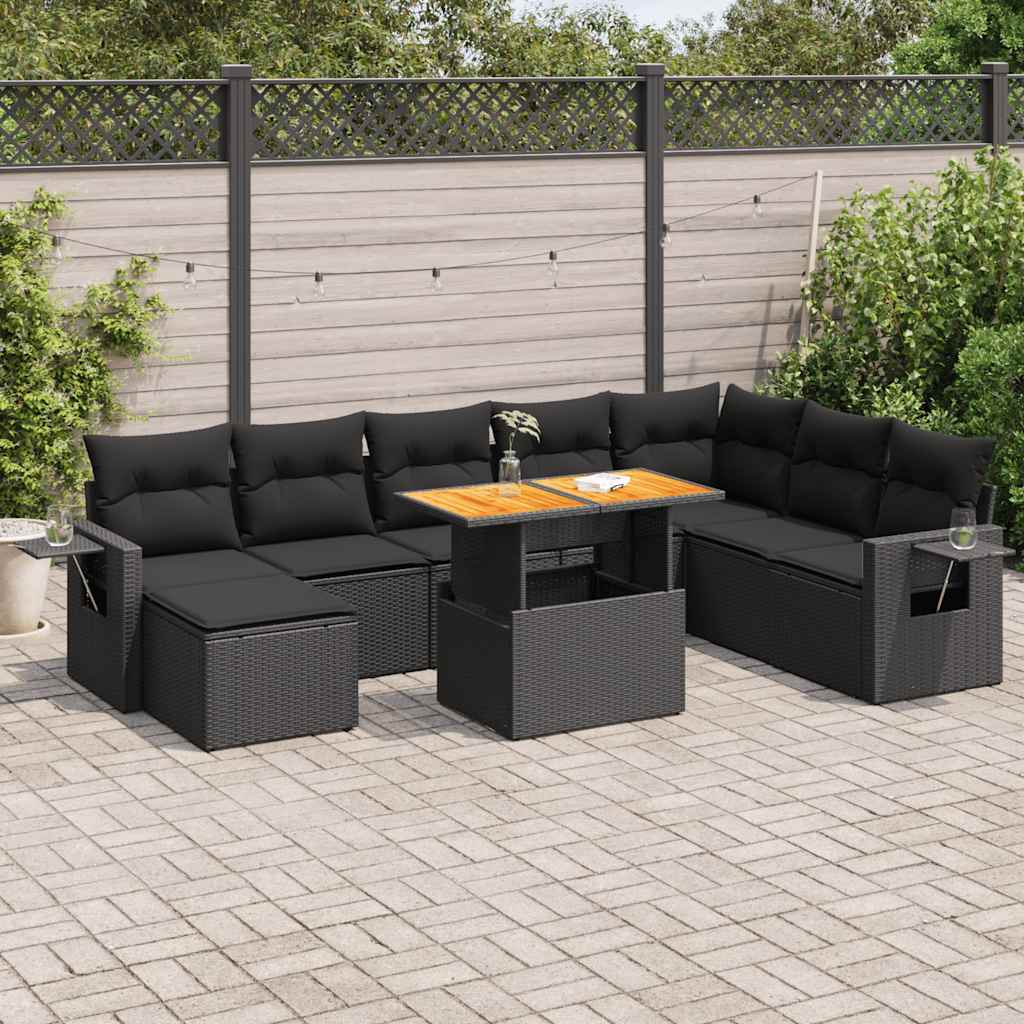 Set Divani da Giardino 9 pz con Cuscini Nero in Polyrattan