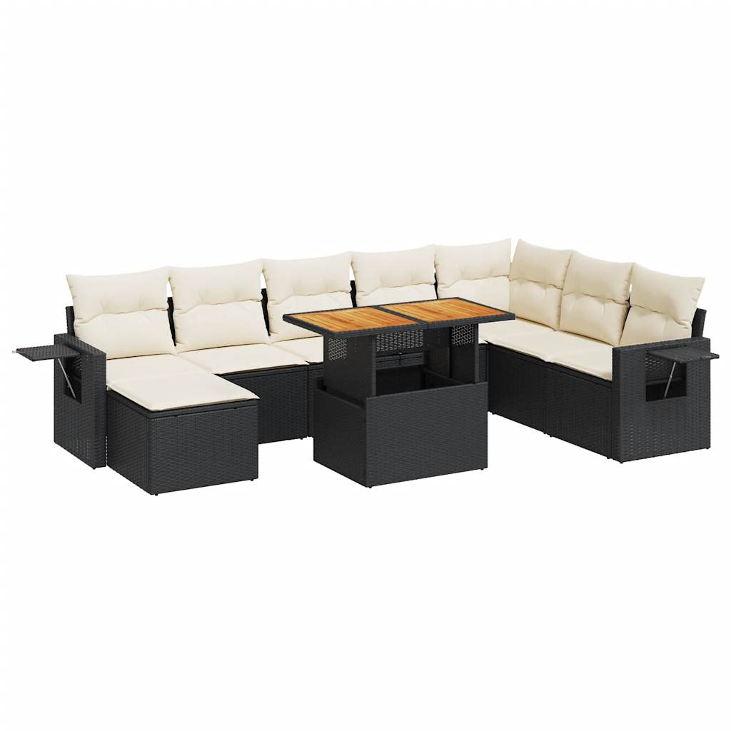 Set Divani da Giardino 9 pz con Cuscini Nero in Polyrattan