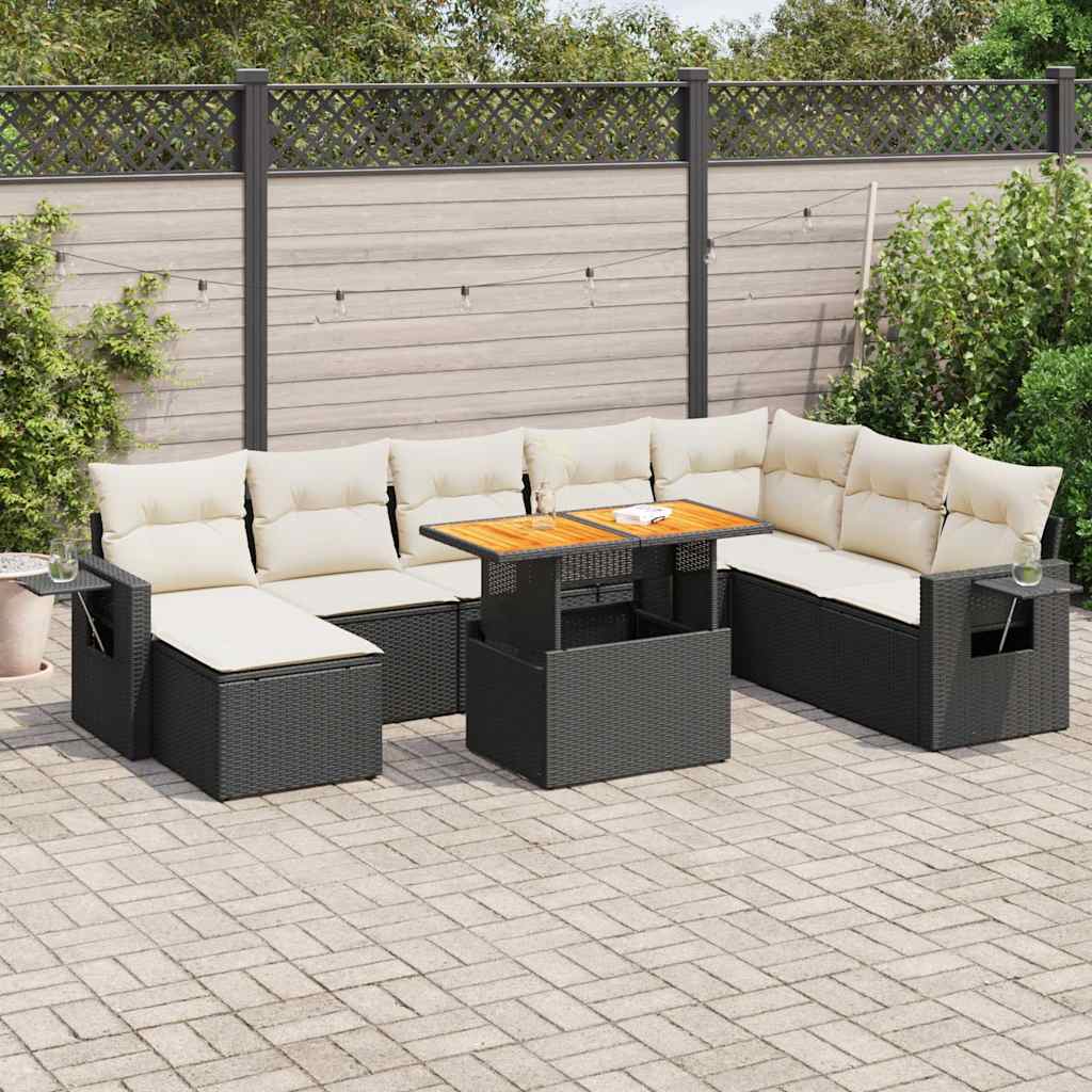 Set Divani da Giardino 9 pz con Cuscini Nero in Polyrattan