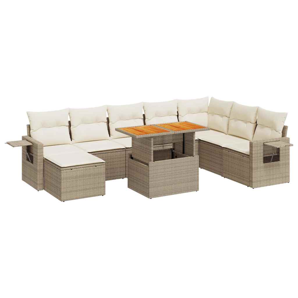 Set Divano da Giardino 9 pz con Cuscini Beige in Polyrattan