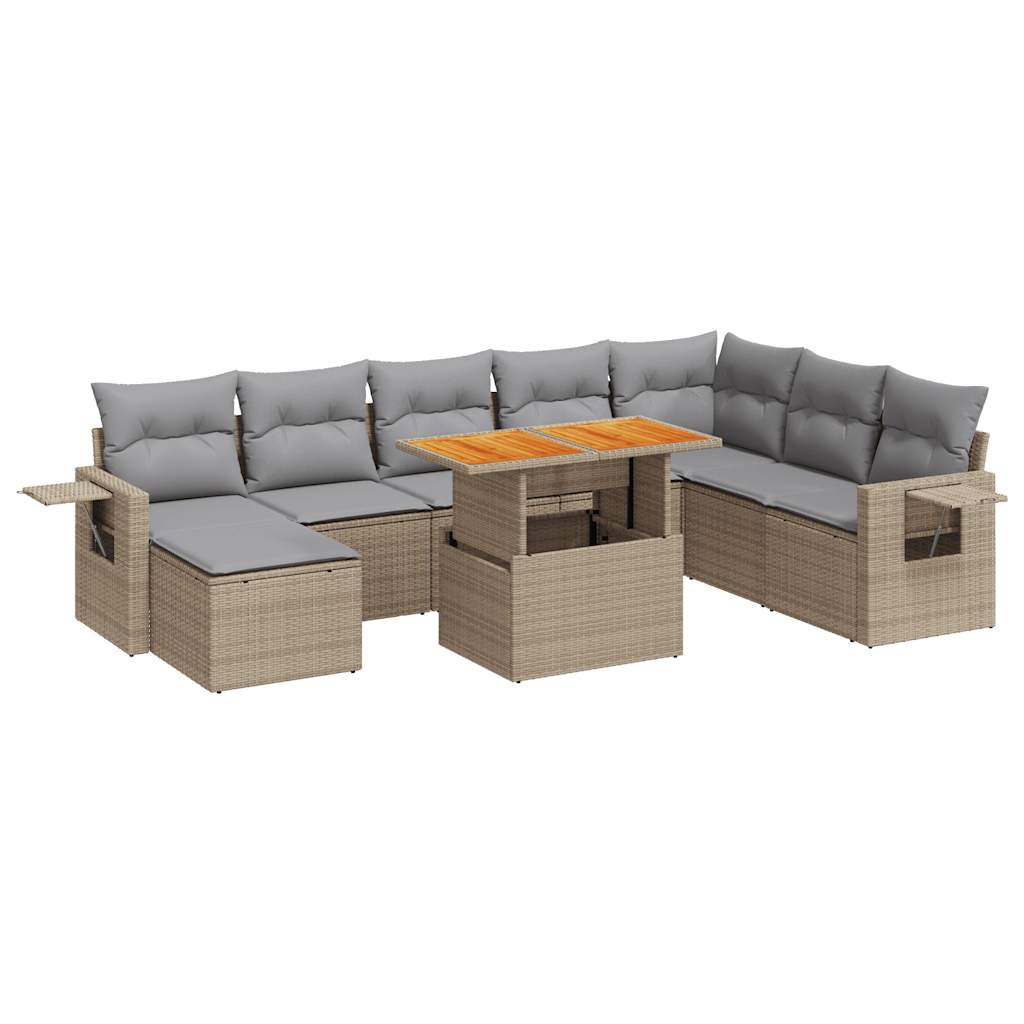 Set Divano da Giardino 9 pz con Cuscini Beige in Polyrattan